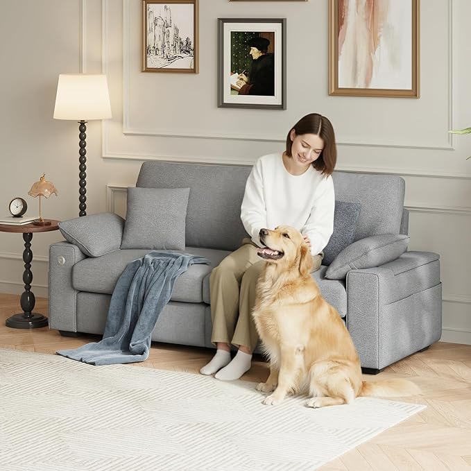89" Loveseat Sofa, Cloud Foam Couch, 3 Seater Upholstered Midcentury Mondern Love Seat with USB Type C Ports, 4 Pillows and Flip-Open Storage Armrest for Living Room/Small Spaces, Gray