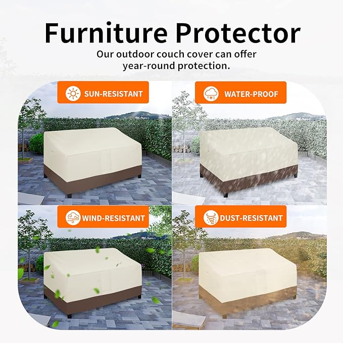 Easy-Going Waterproof Outdoor Couch Cover, Heavy Duty 3-Seater Patio Sofa Cover, Winchdproof Outdoor Furniture Cover with Air Vent (95Wx40Dx35H inch, Beige/Dark Brown)