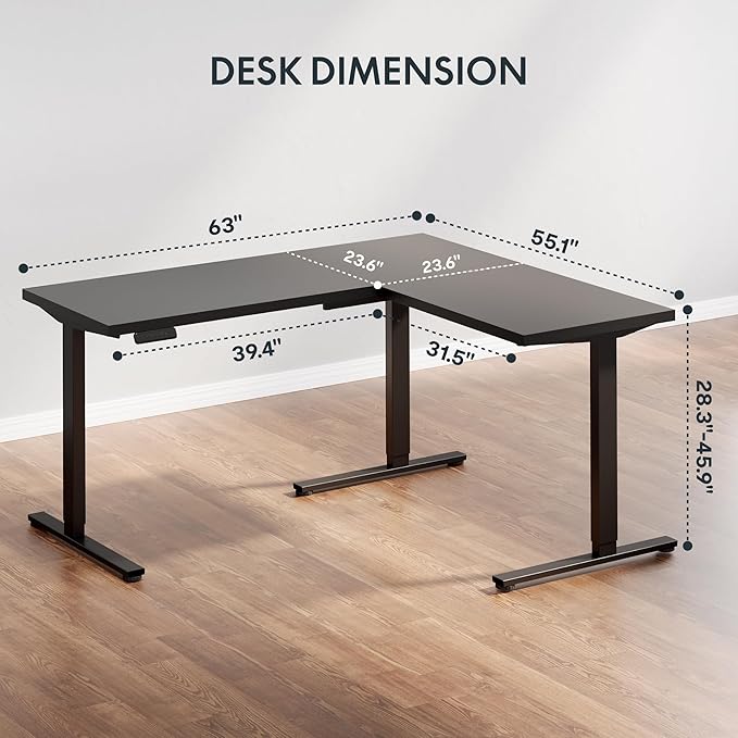 SANODESK Electric Corner L-Shaped 63 x 55 in Standing Desk, Memory Height Adjustment, Black Top Black Frame