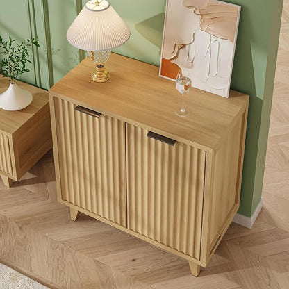 Fluted Cabinet with Storage, 2 Doors Sideboard Buffet, Mid Century Modern Accent Cabinet with Adjustable Shelves, Multifunctional Console Table with Storage for Living Room, Kitchen, Entryway