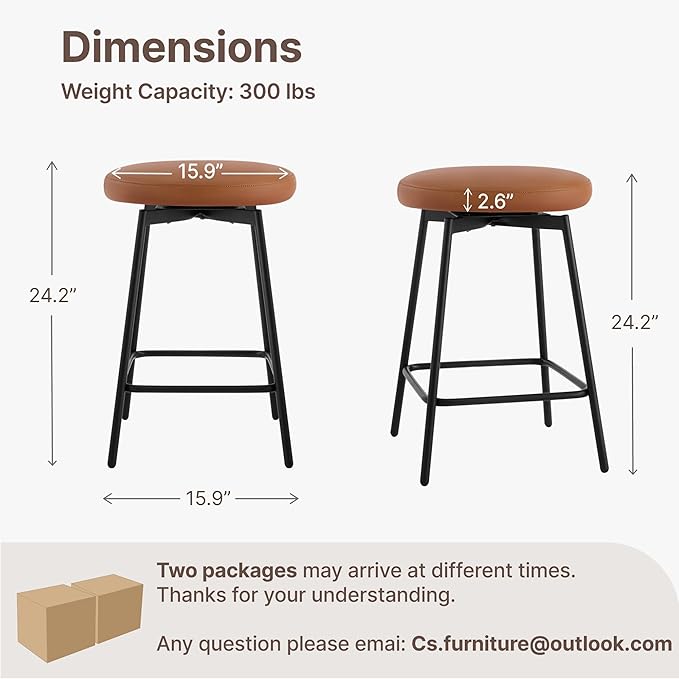 Swivel Bar Stools Set of 2, 24" Counter Height Bar Stool, Backless Barstools with Faux Leather Upholstered Seat&Sturdy Wood Legs for Kitchen Island, Brown