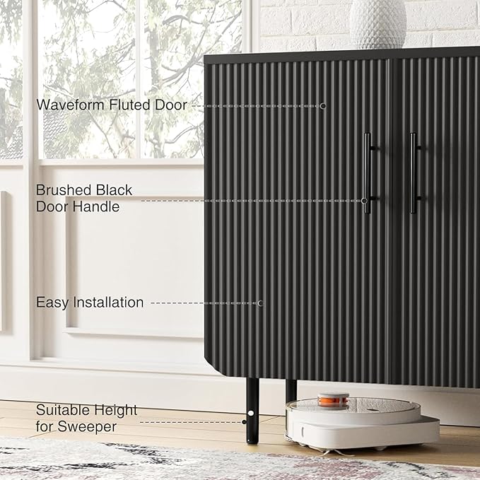 Modern Fluted Black Storage Cabinet with 2 Doors, Adjustable Shelves, and Metal Legs, Accent Buffet Sideboard for Living Room, Dining Room, Entryway (Black)