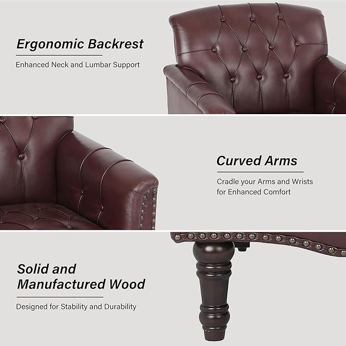 Faux Leather Accent Chair, PU Leather Modern Comfy Upholstered Armchair with Wood Legs & Nailhead Trim for Living Room, Bedroom