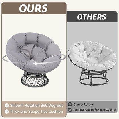 46" Giant Oversized Rattan Papasan Chair with Cushion and Frame for Adults, Fluid 360° Swivel, Waterproof, Grey Frame with Light Grey Cushion