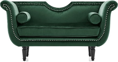 Christopher Knight Home Aurora Velvet Chaise Lounge Indoor with 2 Bolster Pillows, Upholstery Entryway Bench with Nailhead Trim & Curved Arms, End of Bed Bench Ottoman and Wooden Legs, Green