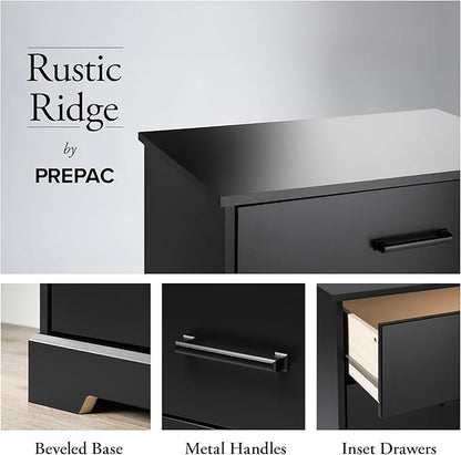 Prepac Rustic Ridge Farmhouse Nightstand Bedside Table, Black Nightstand for Bedroom, End Table with 3 Drawers 16.25"D x 27.5"W x 26.75"H