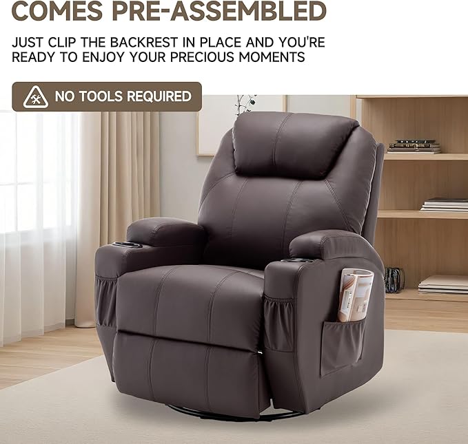 Recliner Chair, Rocker Recliner Chair with Massage and Heat, Manual Recliner Chairs for Adults, 360° Swivel Rocker Recliner with Remote Control and Cup Holder for Living Room, Nursery