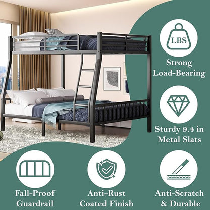 Bunk Bed Full XL Over Queen, Heavy Duty Metal Bunk Bed Frame, Queen bunk Bed with Guardrail Heavy Duty Bunk Bed Frame for Adults - Teens Dorm Bedroom Guest Room（Black）
