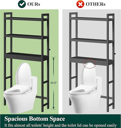 Smiry Over The Toilet Storage Cabinet, 3-Tier Bamboo Bathroom Organizers with Adjustable Shelf & 4 Hooks, Space Saving Shelf Rack for Bathrooms, Laundry Room, Balcony, Black