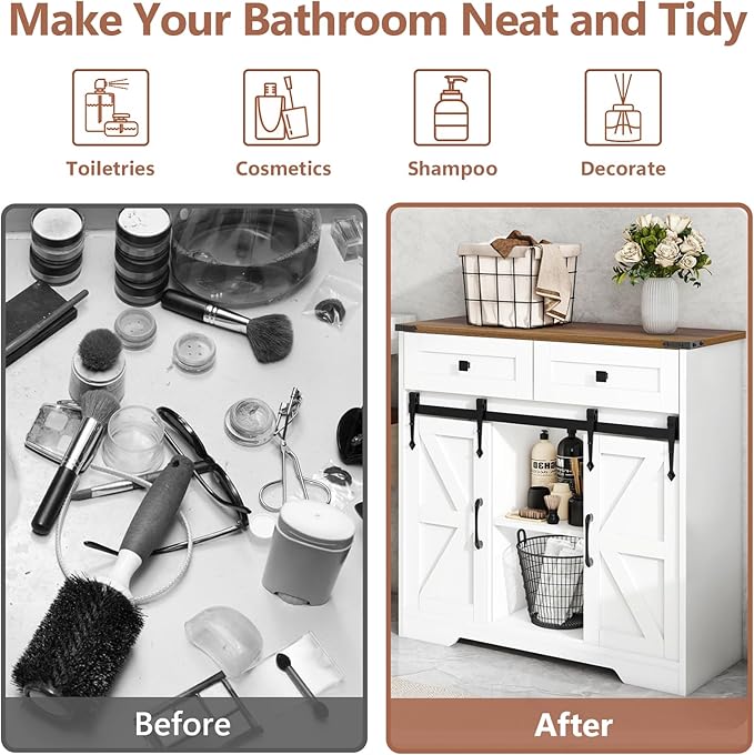 Vabches Bathroom Floor Cabinet, Farmhouse Storage Cabinet with Sliding Barn Door and Storage Drawers, White Buffet Cabinet with Adjustable Shelves for Bathroom, Kitchen, Entrance Area, Living Room