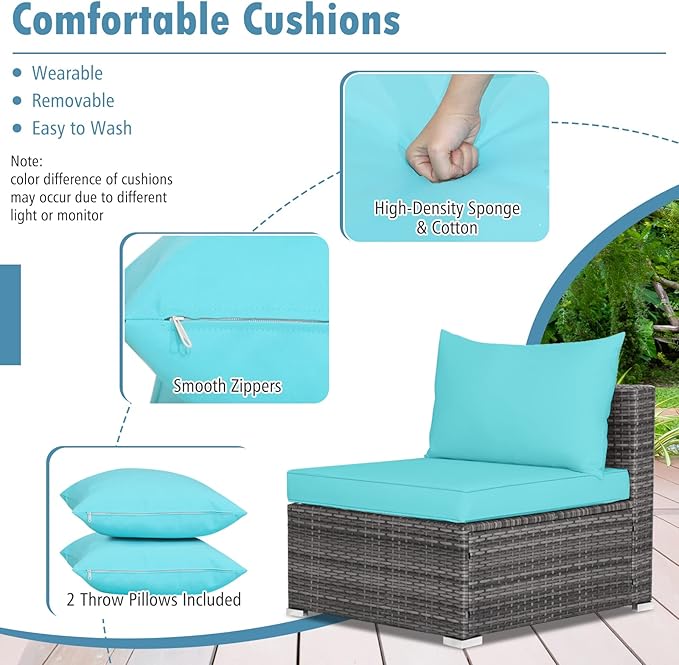 Tangkula 7 Pieces Patio Furniture Set, Patiojoy All-Weather Outdoor Rattan Sectional Sofa Set with Cushions and Tempered Glass Coffee Table, for Garden, Lawn, Backyard (Turquoise)