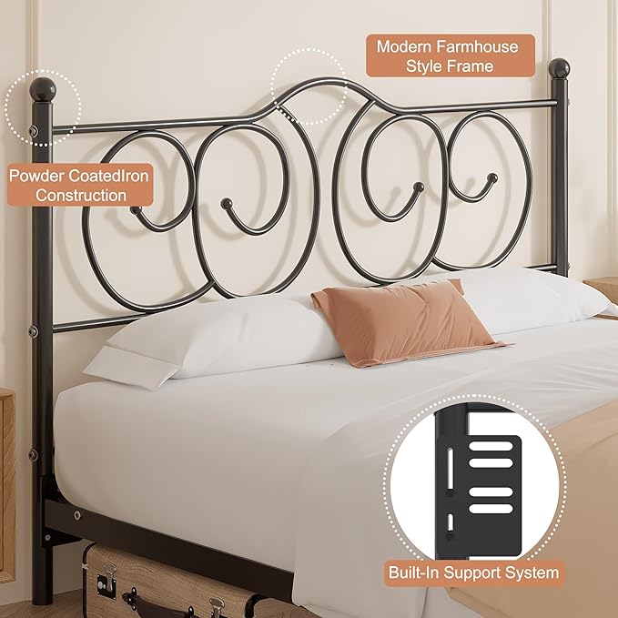 VECELO Metal Queen Size Headboard, Heavy Duty Curved Headboard Only Height Adjustable, Easy to Assembly, Farmhouse Victorian Style for Bedroom - Black, Queen
