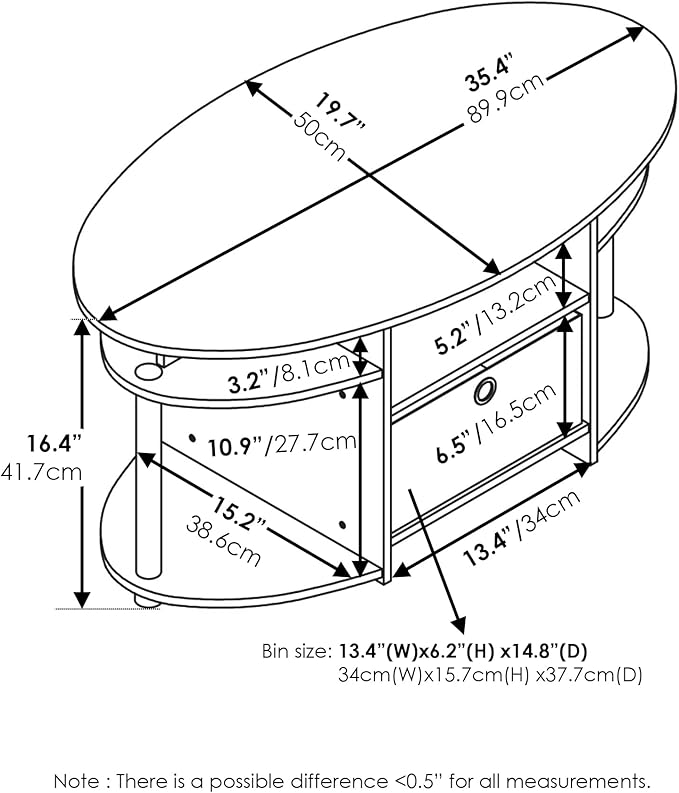 Furinno Jaya Simple Design Oval Coffee Table with Bin for Living Room, White Oak/Chrome/Black