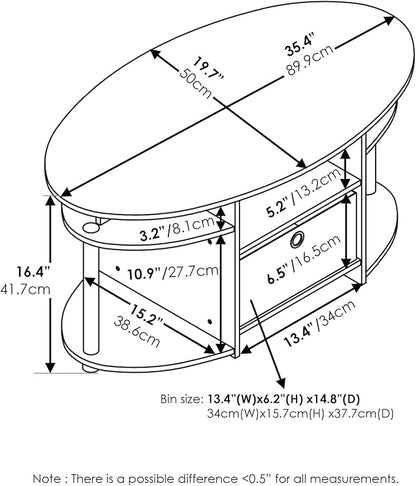 Furinno Jaya Simple Design Oval Coffee Table with Bin for Living Room, White Oak/Chrome/Black