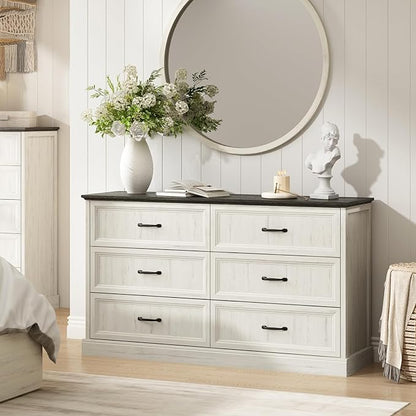 Farmhouse 6 Drawer Dresser for Bedroom, 55 Inch Wide Modern White Dresser TV Stand with Large Drawers & Bar Handles, Rustic Wood Chest of Drawers for Bedroom