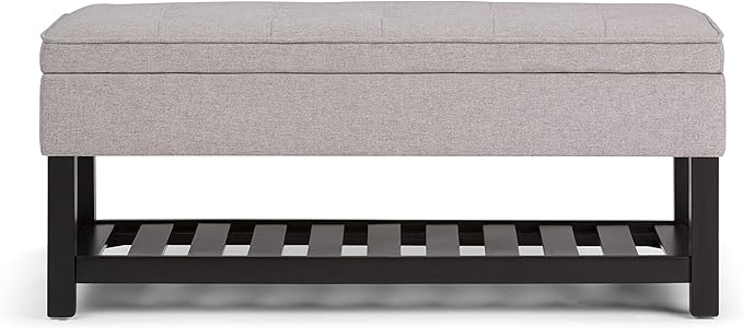 SIMPLIHOME Cosmopolitan 44 inch Wide Transitional Rectangle Storage Ottoman Bench with Open Bottom in Cloud Grey Linen Look Fabric, Assembled for the Living Room and Bedroom