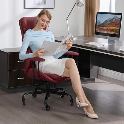Home Office Desk Chair, PU Casters Ergonomic Computer Chair with Lumbar Support, Adjustable Height, 360°Rolling Swivel Chair, High Back Executive Task, Padded Armrests Chair, Red Leather