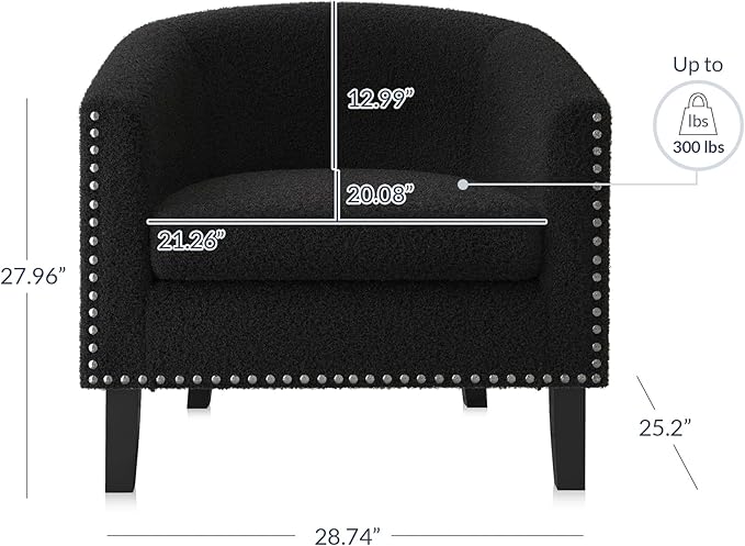 BELLEZE Barrel Chairs Set of 2, Modern Accent Tub Club Chairs Armchairs for Living Room, Upholstered Accent Chairs with Silver Nail Head Trim Black Legs - Kyara (Black/Polyester)