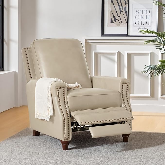HULALA HOME Genuine Leather Recliner Chair Set of 2, Push Back Recliner Armchair with Thick Seat and Backrest, Comfy Adjustable Home Theater Single Recliner w/Nailhead Decor for Living Room(Beige)