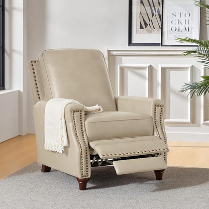 HULALA HOME Genuine Leather Recliner Chair Set of 2, Push Back Recliner Armchair with Thick Seat and Backrest, Comfy Adjustable Home Theater Single Recliner w/Nailhead Decor for Living Room(Beige)