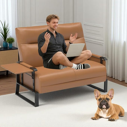 Faux Leather Loveseat, Upholstered Loveseat with Side Tray Table & Storage Pocket, Small Loveseat for Living Room, Modern 2 Seater Sofa Couch for Small Spaces, Bedroom, Brown