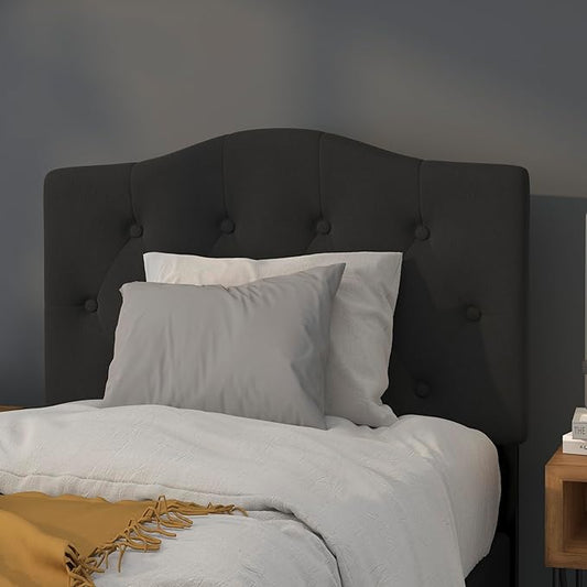 EMMA + OLIVER Twin Size Tufted Upholstered Headboard with Adjustable Metal Bed Rail Slots, Modern Fabric Upholstered Twin Headboard, Black