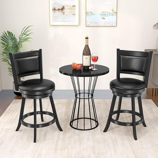 COSTWAY Bar Stools Set of 4, 360 Degree Swivel, 24" Accent Wooden Swivel Seat Counter Height Bar Stool, Leather Upholstered Design, PVC Cushioned Seat, Perfect for Dining and Living Room (Height 24")