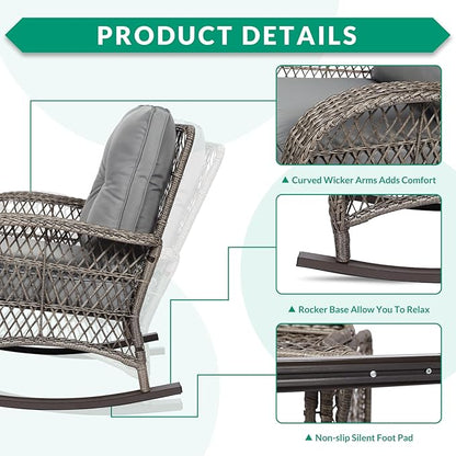 VIVIJASON 5-Piece Outdoor Patio Wicker Conversation Sets, All Weather Outdoor Rattan Furniture Set Includes Glider Loveseat, 2 Coffee Table, 2 Rocking Chairs with Cushions for Backyard, Grey