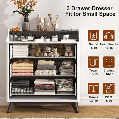 3 Drawer Dressers for Bedroom, 32" Large Wood Storage Dresser & Chest of Drawers with Charging Station, Wide Modern Dressers with 3 Drawer Storage Organizer for Bedroom Living Room Closet, White