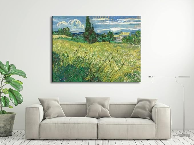 Wieco Art Abstract Large Canvas Wall Art Prints Green Field 1889 by Van Gogh Famous Oil Paintings Reproduction Artwork Stretched Landscape Picture for Home Decor Office Decoration
