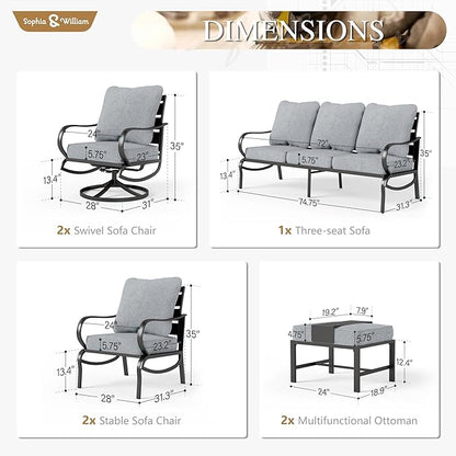 Sophia & William Patio Furniture Sets for 7 Outdoor Conversation Set 7 Pcs with 2 x Swivel Chairs, 2 x Armrest Sofa, 1 x 3-Seat Cushion Chairs, 2 x Ottomans for Coffee Garden Backyard Poolside Grey