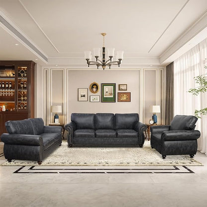 Living Room Furniture Sets,Sofa Sets and Couch Sets for Living Room,Mid-Century Vintage Sofa Couches with Rivet Design (Grey, Single+Loveseat+3 Seater)
