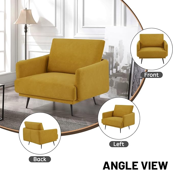 Oversized Accent Chair for Living Room Chairs Reading Arm Chair Comfy Modern Single Sofa Side Chairs with Metal Legs & Soft Cushion for Bedroom, Waiting Room (Velvet Yellow, Set of 1)