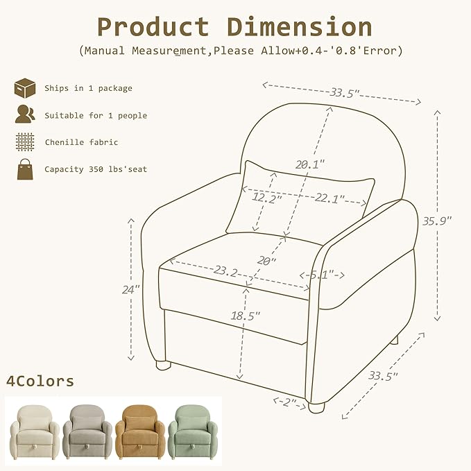 33.5" Mordern Accent Chairs,Reading Chair with Storage,Single Sofa in Chenille Fabric for Living Room, Bedroom and Compact Spaces. (Green)