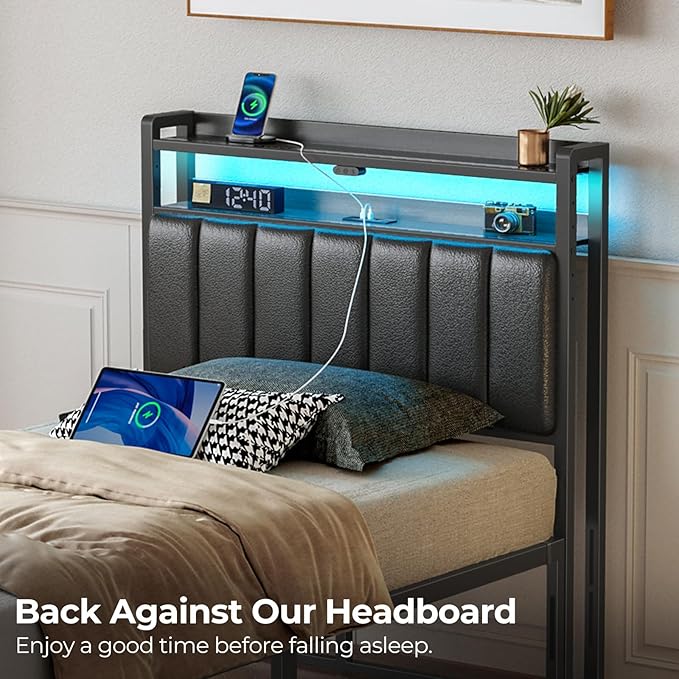 Rolanstar Headboard for Twin Size Bed with Storage, 60,000 DIY Color of LED Light, Head Board with USB & Type C Port, Height Adjustable, Black Upholstered Cabeceras de Cama Comfortable Modern, Leather