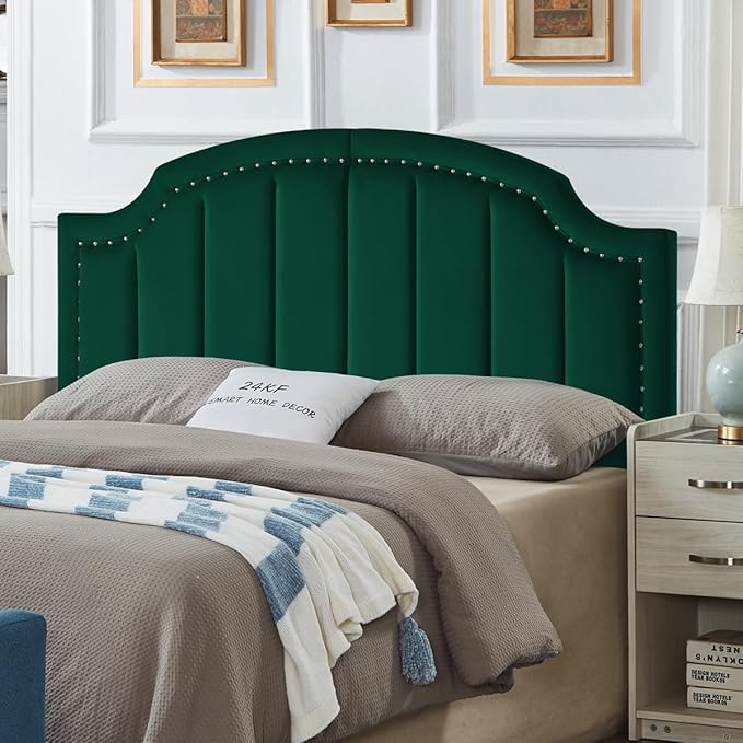 24KF Velvet Fabric Upholstered Queen/Full Headboard with Nail Trims,Modern Vertical Channel Design with Curved Headboard, 6052-Q-Jade