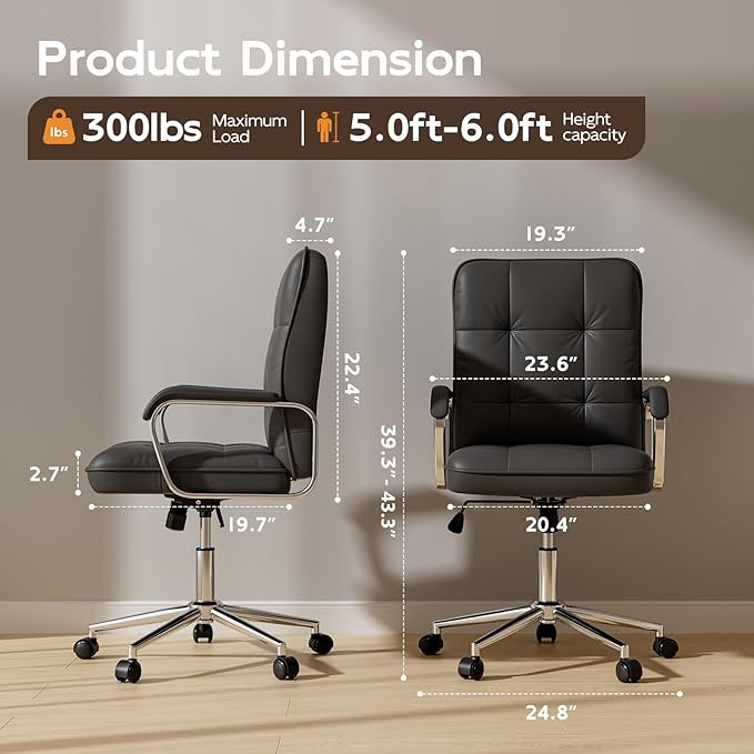 Black Leather Office Desk Chair, Swivel Computer Home Office Desk Chair with Wheels and Padded Arms, Adjustable Height and Tilt