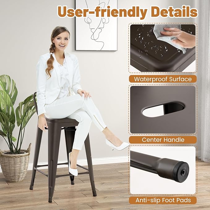 COSTWAY Metal Bar stools Set of 4, with Removable Back, 24'' Counter Height Stools with Rubber Feet, Stylish and Modern Chairs, for Kitchen, Dining Rooms, and Side Bar (Gun, 24'')