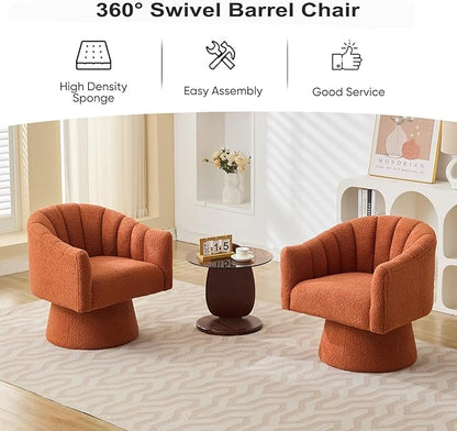 Swivel Accent Chair Set of 2, Upholstered Teddy 360° Swivel Barrel Chair for Living Room Overstuffed Bouncle Reading Chair Round Armchair for Bedroom,Vanity,Office-Orange