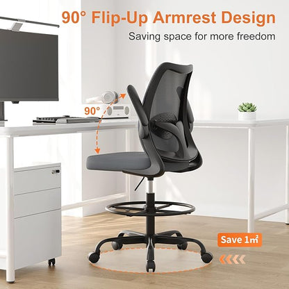 Drafting Chair,Tall Office Chair with Adjustable Footrest Ring,Lumbar Support,Ergonomic High Desk Seat,Flip-Up Armrests,Breathable Mesh Standing Stool for Home Office,Grey