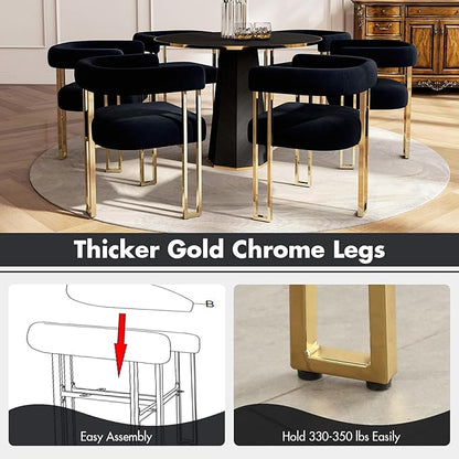Black and Gold Modern Dining Chairs Set of 2, Velvet Upholstered Barrel Armchairs with Metal Legs for Kitchen Island, Mid Century Accent Chairs for Dining Room Living Room, Open-Back