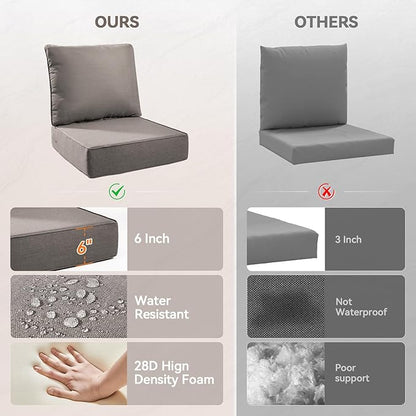 Luxury 6" Outdoor Cushions for Patio Furniture, 24x24x6" Thick Seat Cushion Set of 9, Fade Resistant Couch Chair Replacement Cushions High Density Deep Wicker Chair Cushion w/ Removable Cover Gray