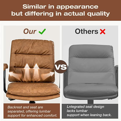 Brown Office Desk Chair, PU Leather Chair with Lumbar Support, Removable Armrests, Comfortable Adjustable Swivel Task Chair for Home, Office, Small Space,Dresser, Bedroom