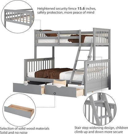 Merax Wood Bunk Bed with Drawers,Convertible Wood Bunk Bed with Ladders and Two Storage Drawers,Solid Wood Detachable Bed Frame with Ladders,Twin Over Full Size,Grey