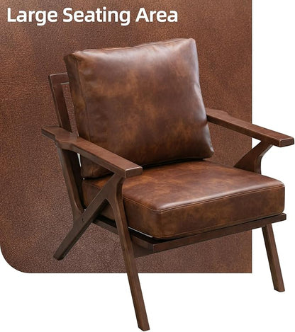INZOY Mid-Century Modern Accent Chair Set of 2, PU Leather Living Room Chair and Soft Thick Padded Armchair for Living Room Bedroom Reception with Removable Upholstered Cushions, Reddish Brown
