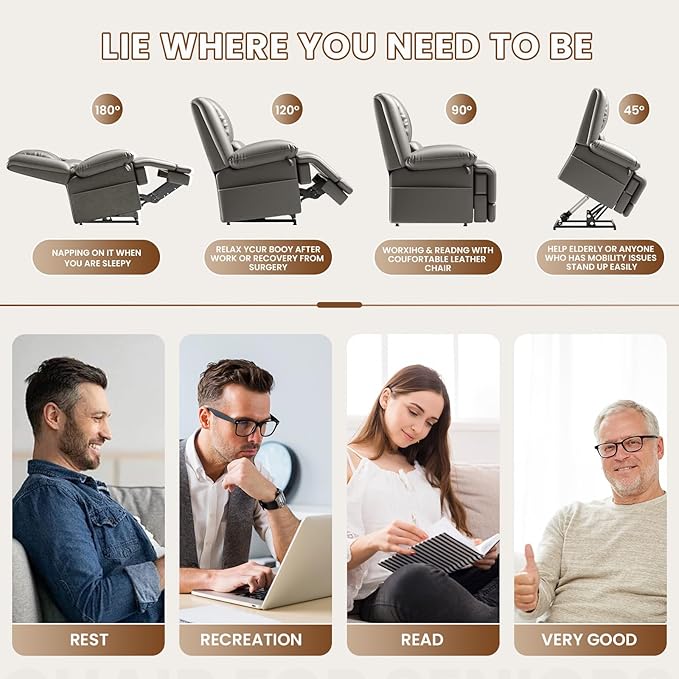 Large Dual Motor Power Lift Recliner Chair with Massage and Heat for Elderly People, Infinite Position,USB Ports and Remote Control,Breathable Leather (Gray)