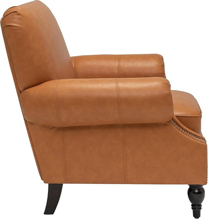 Accent Chair,22.4" Seat Depth Living Room Chair,36.6W*34.3D*34.6H Armchair with Roll Arms and Wood Legs,Set of 2,Faux Leather in Brown