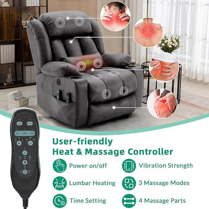 VIVIJASON Tall Man Dual Motor Power Lift Recliner Chair with Extended Footrest, Oversized Lay Flat Sleeper Electric Recliner W/Heat & Massage, Lumbar Pillow, USB & Type-C Ports, Infinite Position