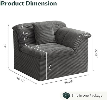 44" Cloud Sectional Couch with Single Arm, Modern Compressed Sofa, Comfy Sleeper Sofa, Corduroy Upholstered Couches for Small Space/Apartment, No Assembly Required, Dark Gray, Right Side