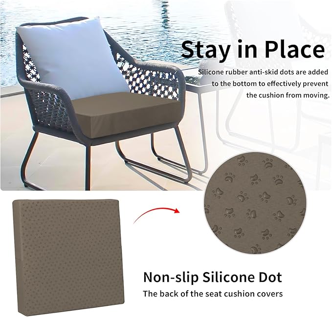 Easy-Going Waterproof Patio Cushion Covers ONLY Cover 24x24x4 inch 2 Pack Replacement Non-Slip Outdoor Seat Cushion Slipcover with Zipper. Taupe